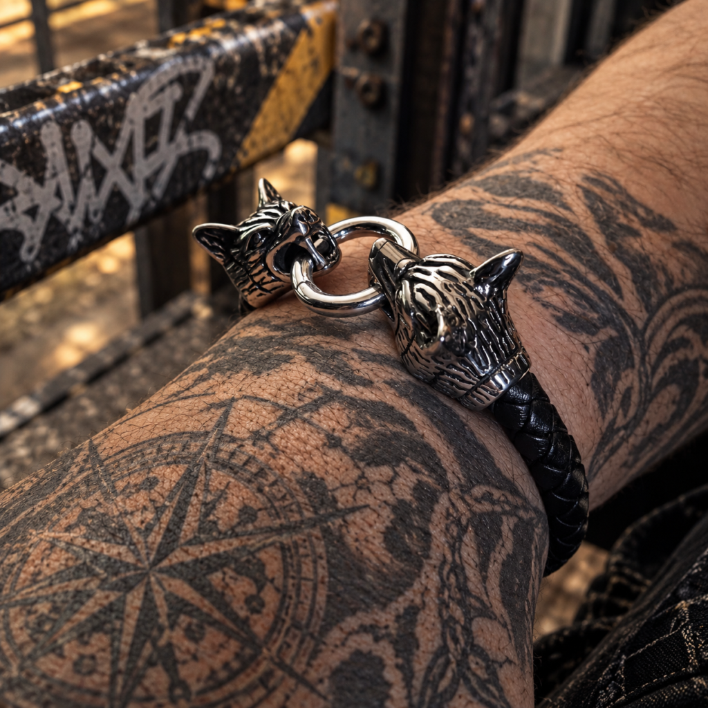 Bracelet viking Fenrir REOW en cuir tressé noir et acier, porté poignet tatoué